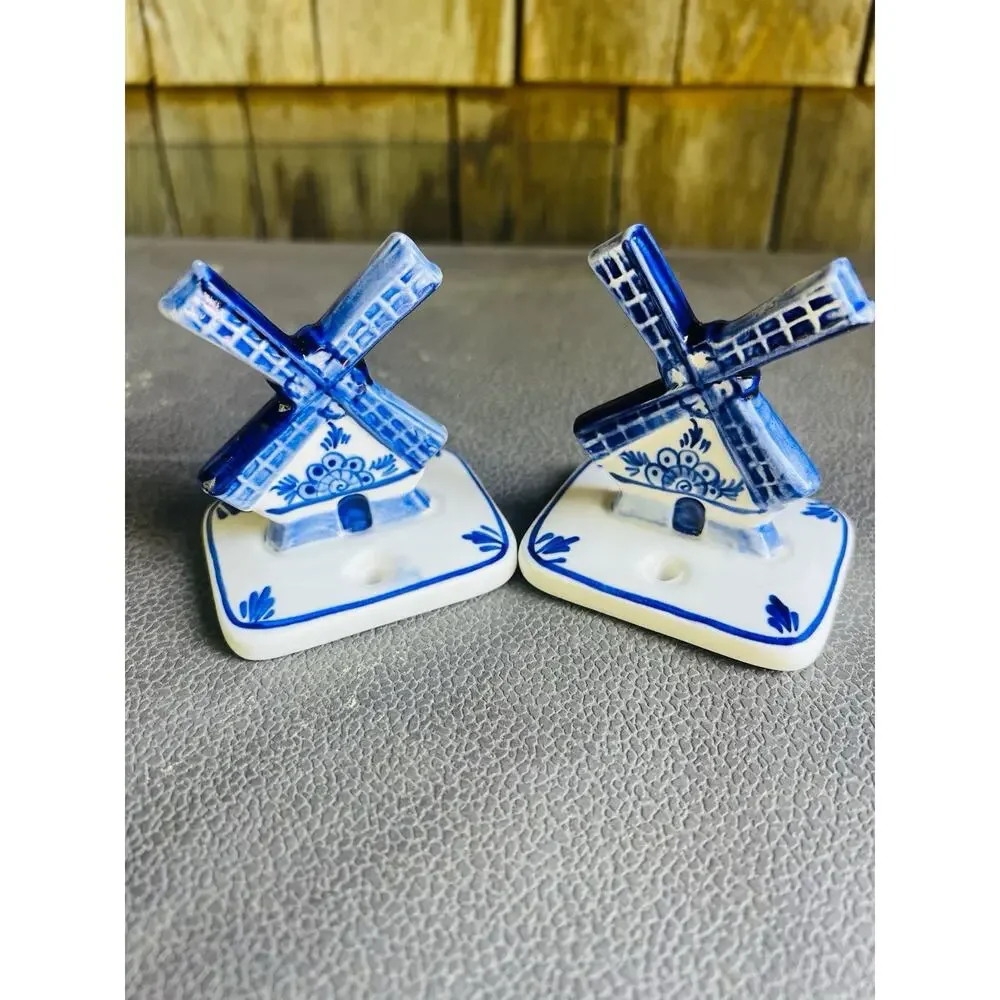 VTG Delft Blue Windmill Ceramic Mounts Pair Towel Hooks Brackets Cottage Core